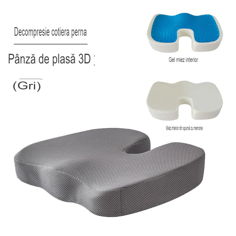 Perna ortopedica pentru sezut din spuma cu memorie si gel racoritor Arvada ErgoSupport, dimensiuni 45x35x7cm cm, husa detasabila respirabila, design U, gri