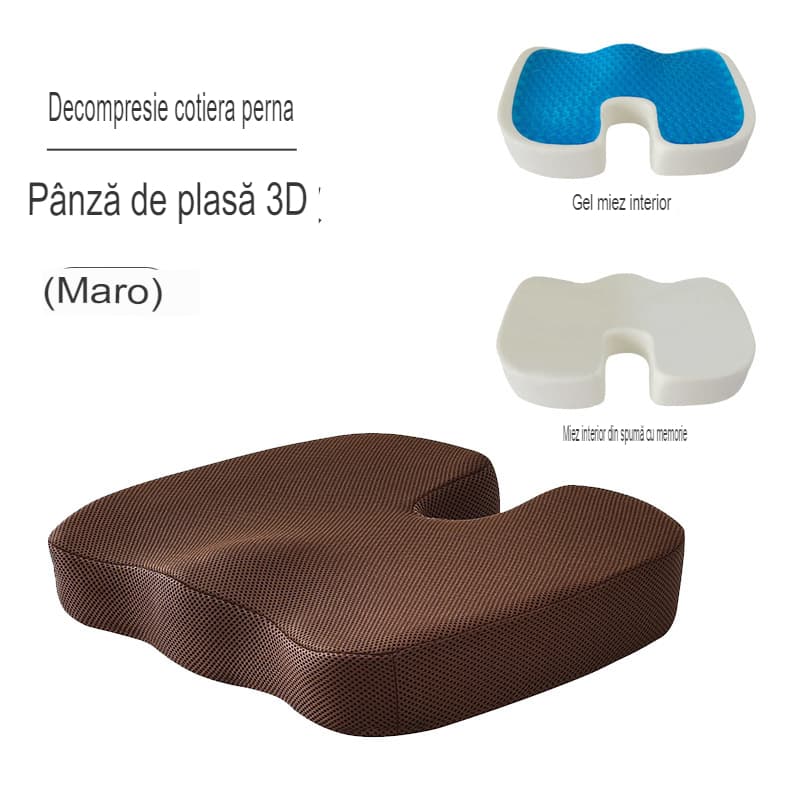 Perna ortopedica pentru sezut din spuma cu memorie si gel racoritor Arvada ErgoSupport, dimensiuni 45x35x7cm cm, husa detasabila respirabila, design U, maro