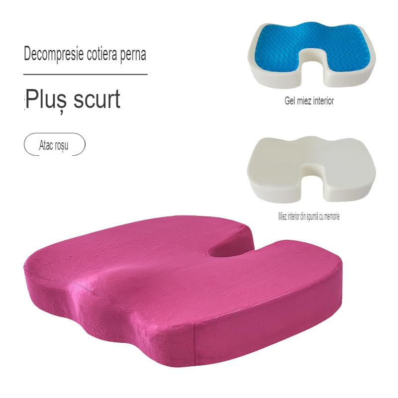 Perna ortopedica pentru sezut din spuma cu memorie si gel racoritor Arvada ErgoSupport, dimensiuni 45x35x7cm cm, husa detasabila din catifea foarte moale, design U, roz aprins