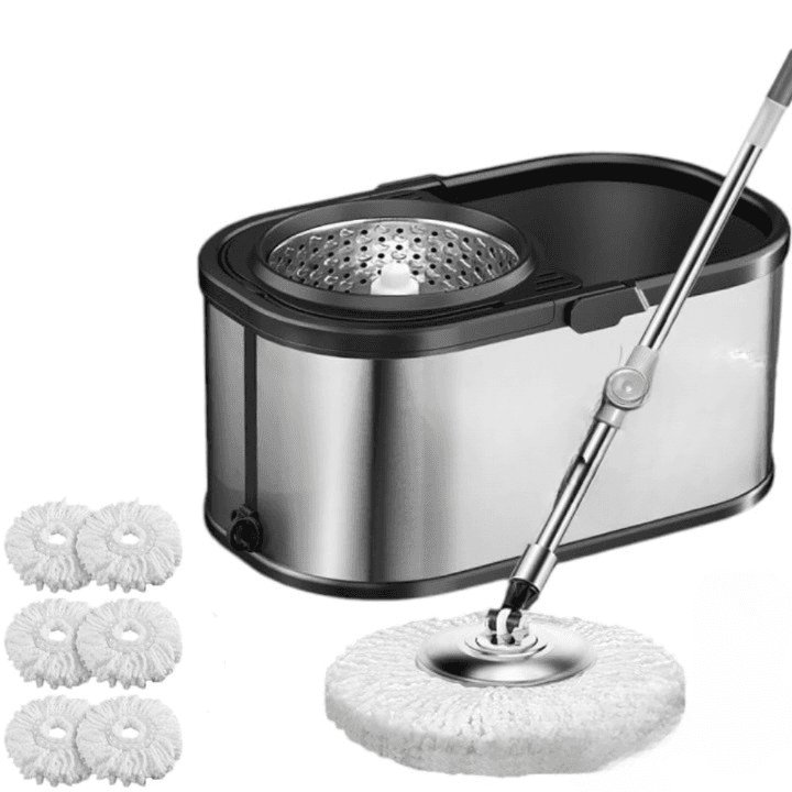 Set galeata mop cu centrifuga si rotatie 360 de grade din inox inoxidabil, Arvada MagicClean, galeata ovala, dimensiuni 42x26x22cm finisaj lucios si orificiu de scurgerea a apei cu 6 rezerve culoare alba, Gri