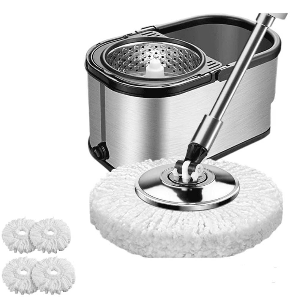 Set galeata mop cu centrifuga si rotatie 360 de grade din inox inoxidabil, Arvada MagicClean, galeata ovala, dimensiuni 42x26x22cm finisaj lucios si orificiu de scurgerea a apei cu 4 rezerve culoare alba, Gri silver