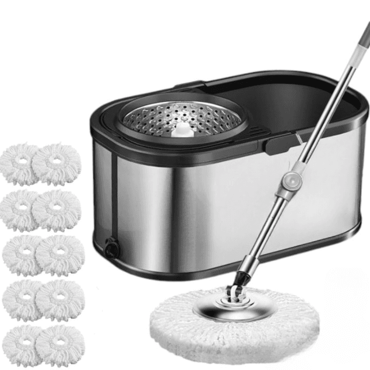 Set Arvada MagicClean galeata mop cu centrifuga si rotatie 360 de grade din inox inoxidabil, Arvada MagicClean, galeata ovala, dimensiuni 42x26x22cm finisaj lucios si orificiu de scurgerea a apei cu 10 rezerve culoare alba, Gri