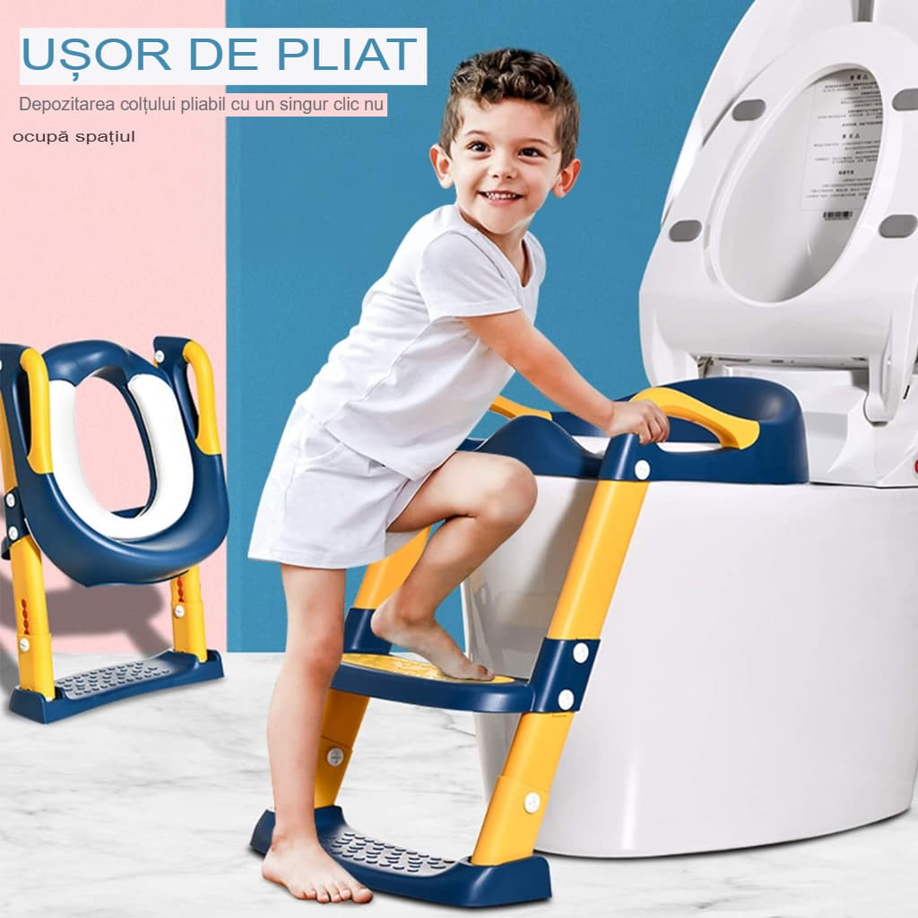 Reductor WC cu Scara Arvada®, antiderapant, pentru copii cu varsta pana la 10 ani, protectie impotriva stropilor, pliabil, 2 trepte, reglabil pe inaltime, 38 x 40 x 47 cm, manere de sustinere, Albastru / Galben