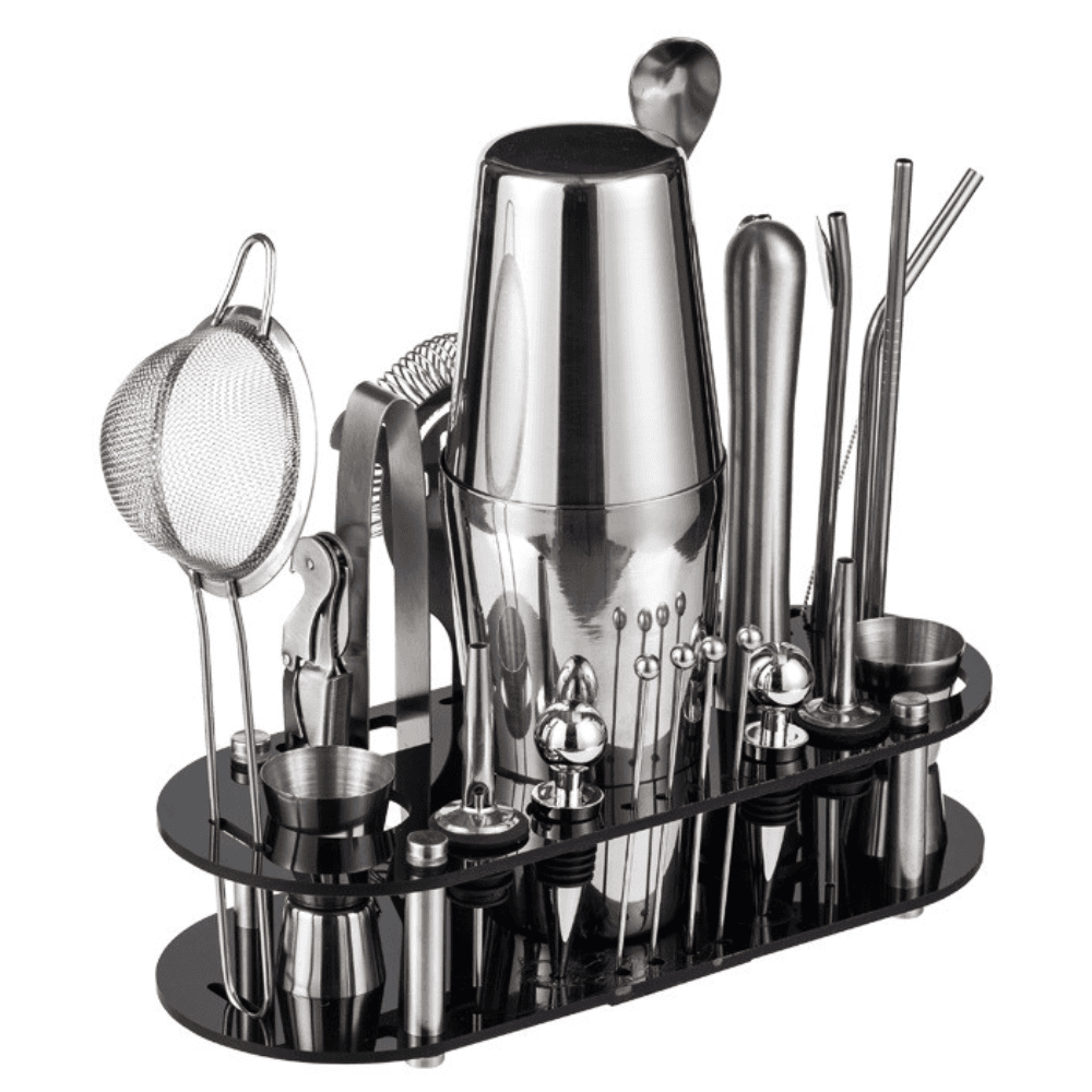 Kit complet pentru barmani Arvada® ShakerPro MC-YKL23, Suport acrilic, 23 piese, 500 ml, dimensiuni 19x12x30.5 CM, Set barman pentru preparare bauturi, Otel inoxidabil