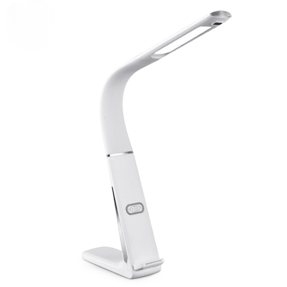 Lampa de birou cu LED Arvada® Stylus Light SML TX 75, incarcare wireless 10W telefon IOS sau Android, port USB 5V/2.1A, protectie ochi, brat flexibil reglabil 180˚ aprindere si reglare intensitate prin gesturi, pretabil office sau acasa, alba