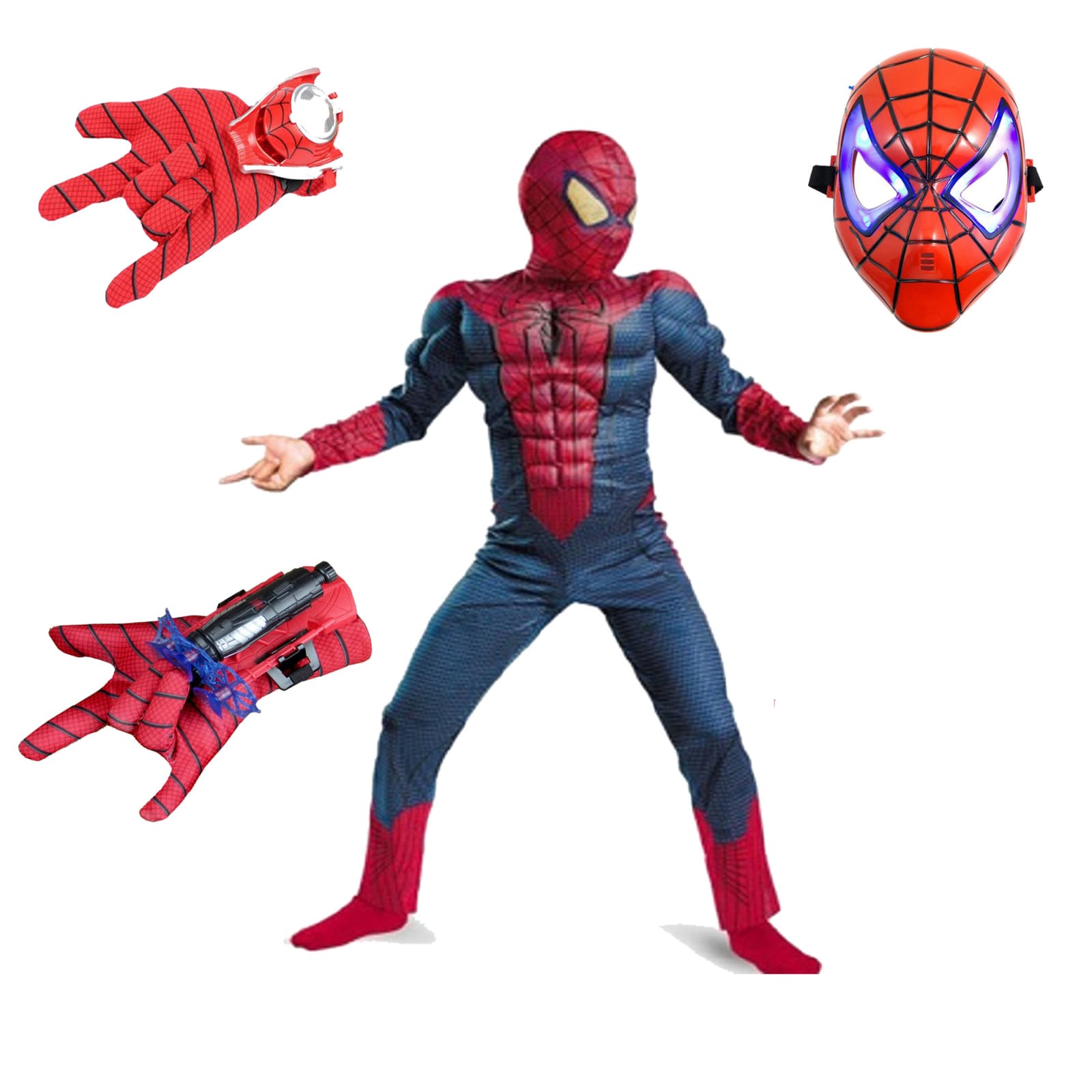 Set costum Spiderman cu muschi, 2 lansatoare si masca plastic LED, rosu, 7-9 ani, 120-130 cm