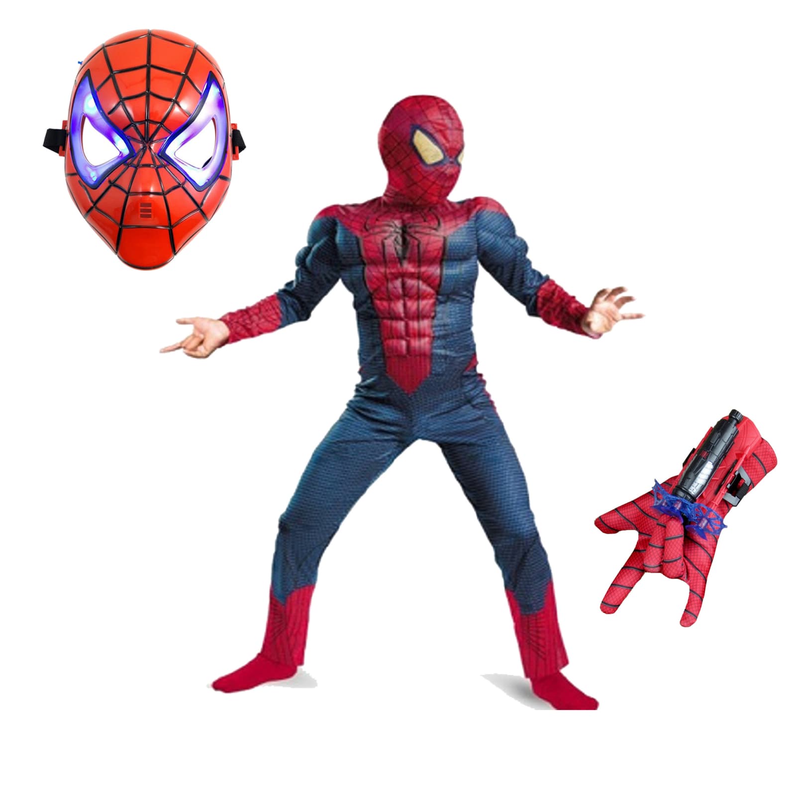 Set costum cu muschi Spiderman, manusa cu lansator si masca plastic LED, rosu, 7-9 ani, 120-130 cm