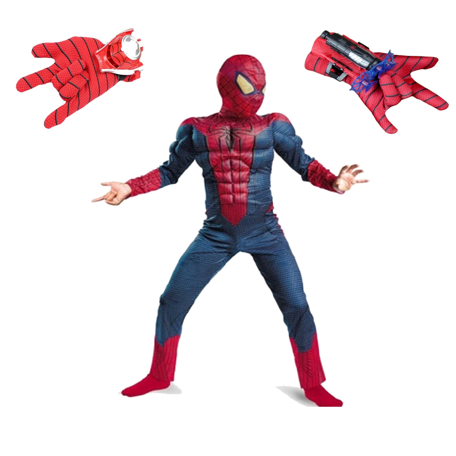 Set costum Spiderman cu muschi si 2 lansatoare, rosu, 120-130 cm, 7-9 ani