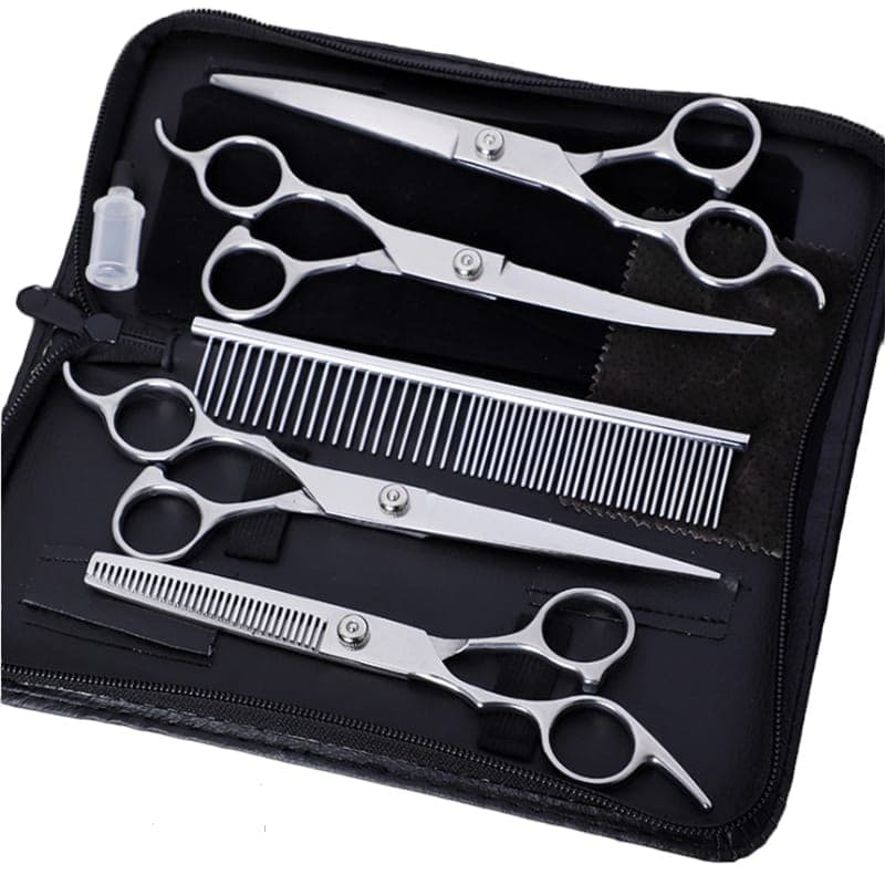 Set profesional 6 in 1 OnePet, cu foarfeci tuns caini sau pisici, foarfeca cu varf rotund siguranta anti-ranire, pieptene inclus, argintiu